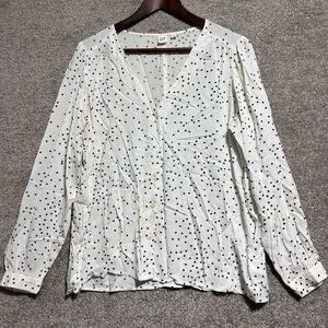 GAP Woman’s White Blue Dots Button Up V Neck Blouse Size Large